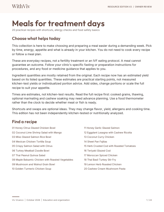 First page of Meals for treatment days. WithViv V2 owner-review edition.