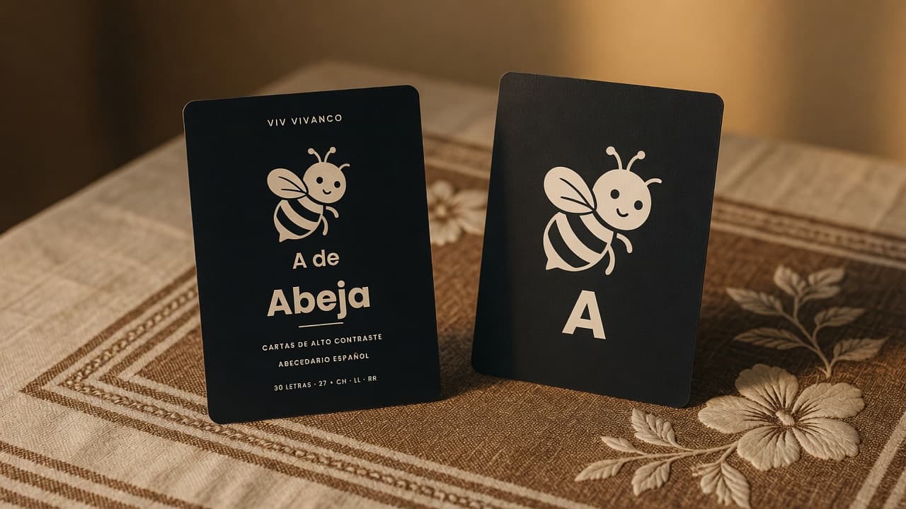 Approved A de Abeja title card and A bee card imagery on embroidered linen.