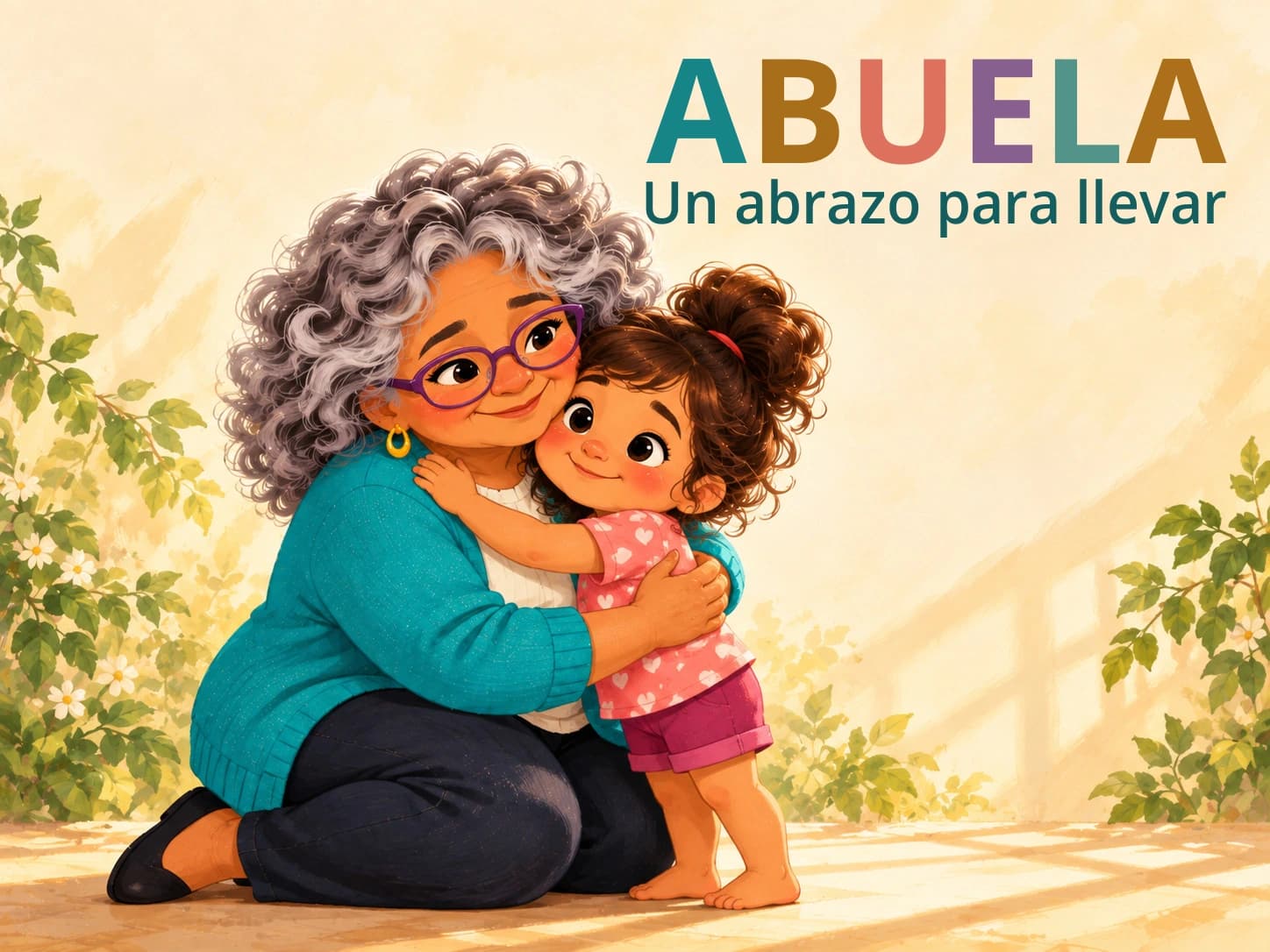 ABUELA cover. Un abrazo para llevar. A grandmother hugs her granddaughter.