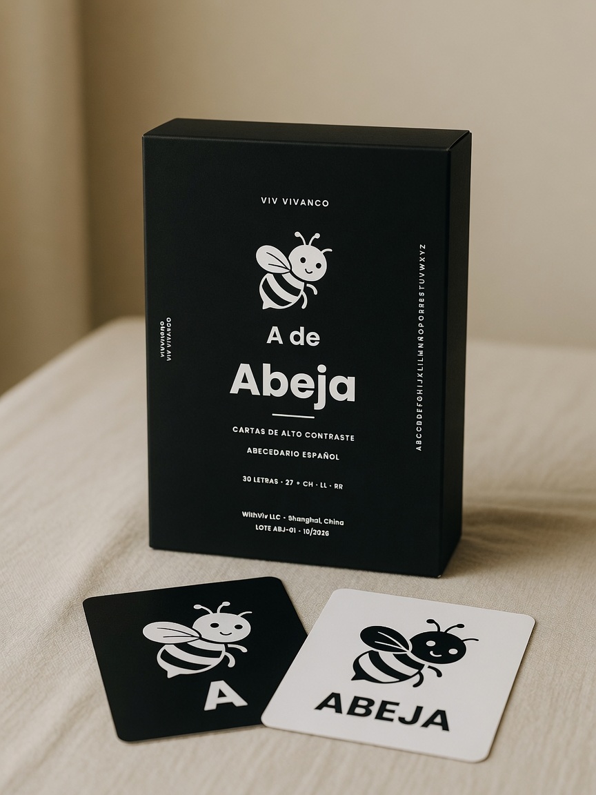 The actual A de Abeja box and cards on linen.