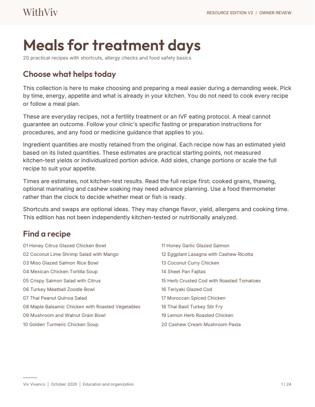 First page of Meals for treatment days. English edition.