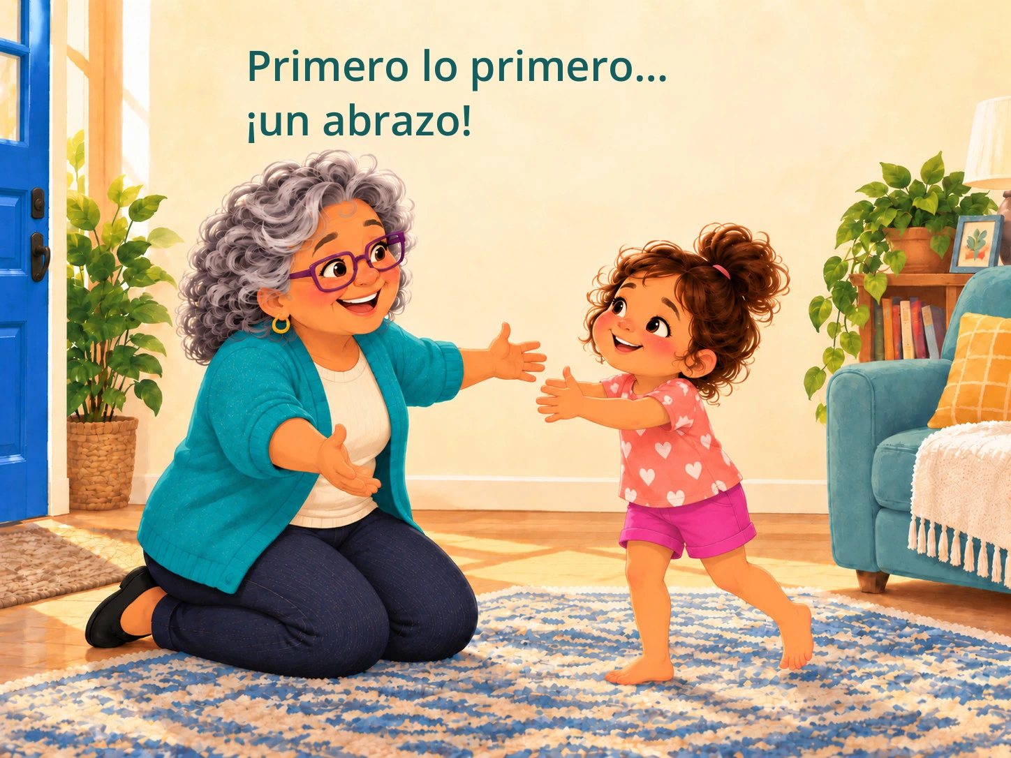 Grandmother and granddaughter open their arms. Spanish text: Primero lo primero… ¡un abrazo!